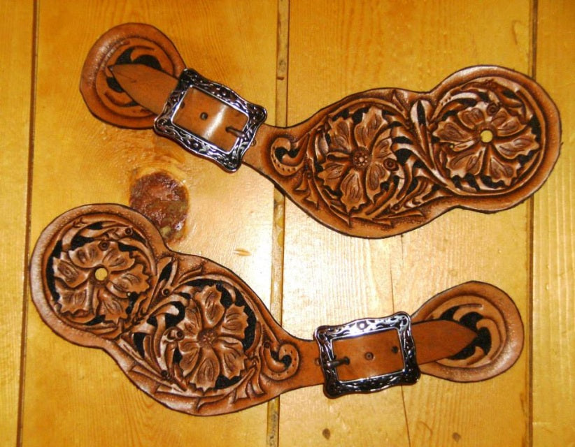 Leather tooled spur straps